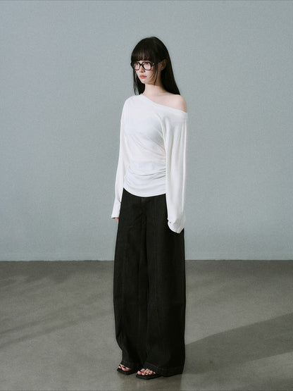LOST FOREST - White Lyocell-Wool One-Shoulder Long Sleeve Top