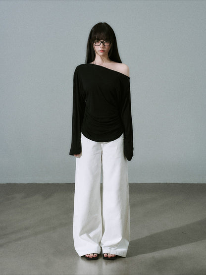 LOST FOREST - Black Lyocell-Wool One-Shoulder Long Sleeve Top