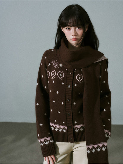 LOST FOREST - Brown Pink Fair Isle Wool-Blend Cardigan & Scarf Set
