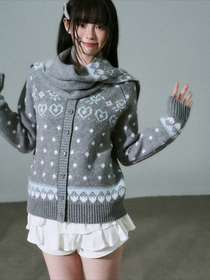 LOST FOREST - Gray Blue Fair Isle Wool-Blend Cardigan & Scarf Set