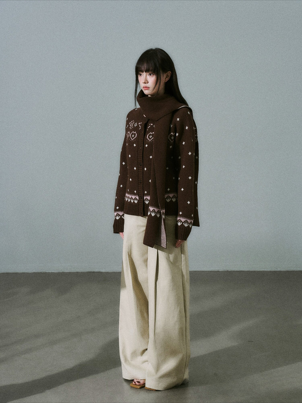 LOST FOREST - Brown Pink Fair Isle Wool-Blend Cardigan & Scarf Set