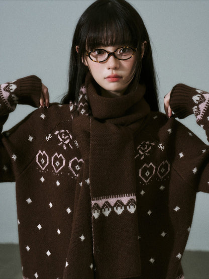 LOST FOREST - Brown Pink Fair Isle Wool-Blend Cardigan & Scarf Set