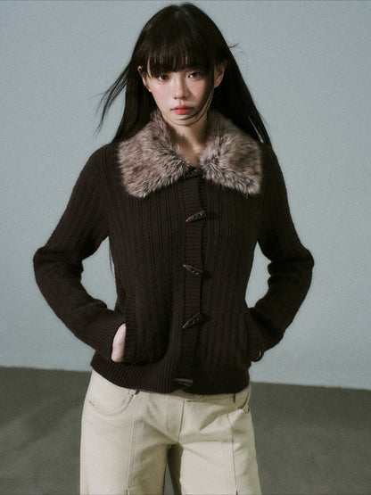 LOST FOREST - Dark Brown Detachable Faux-Fur Collar Toggle Cardigan