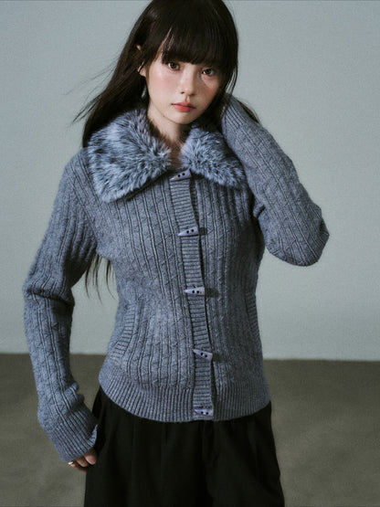 LOST FOREST - Gray Detachable Faux-Fur Collar Toggle Cardigan