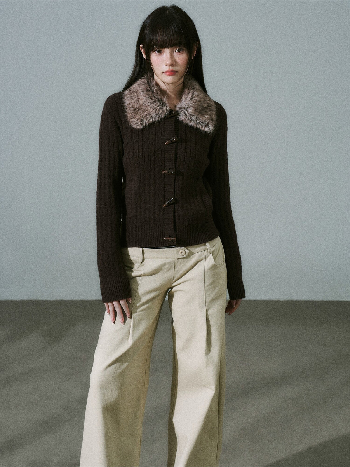 LOST FOREST - Dark Brown Detachable Faux-Fur Collar Toggle Cardigan