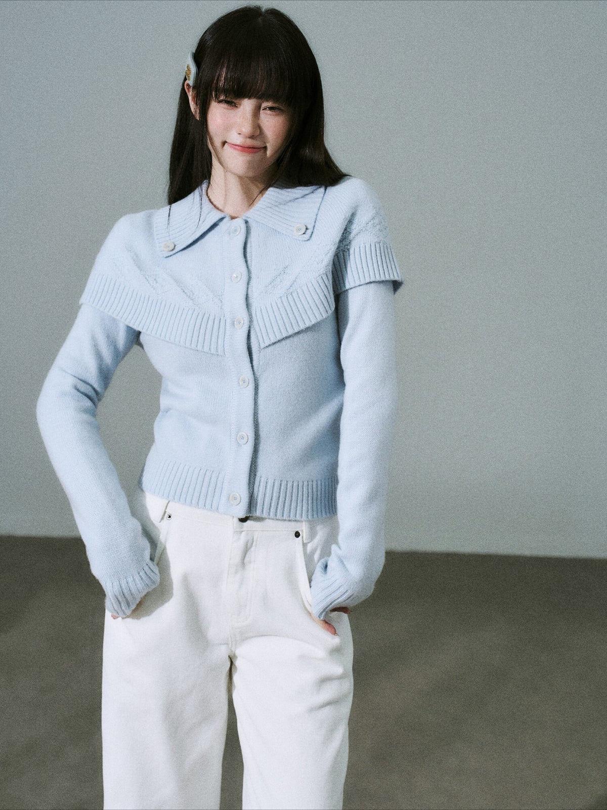 LOST FOREST - Milk Blue Cashmere-Wool Cape Cardigan Sweater