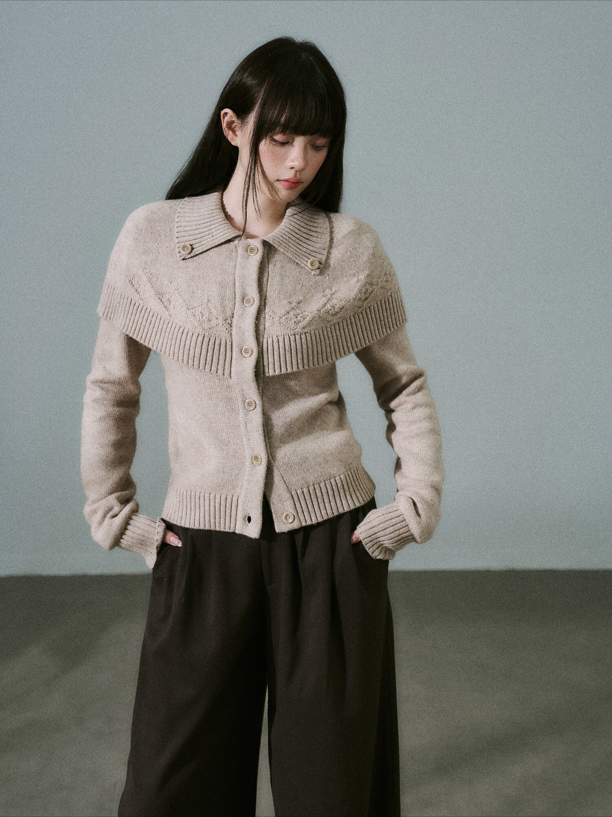 LOST FOREST - Mixed Beige Coffee Cashmere-Wool Cape Cardigan Sweater