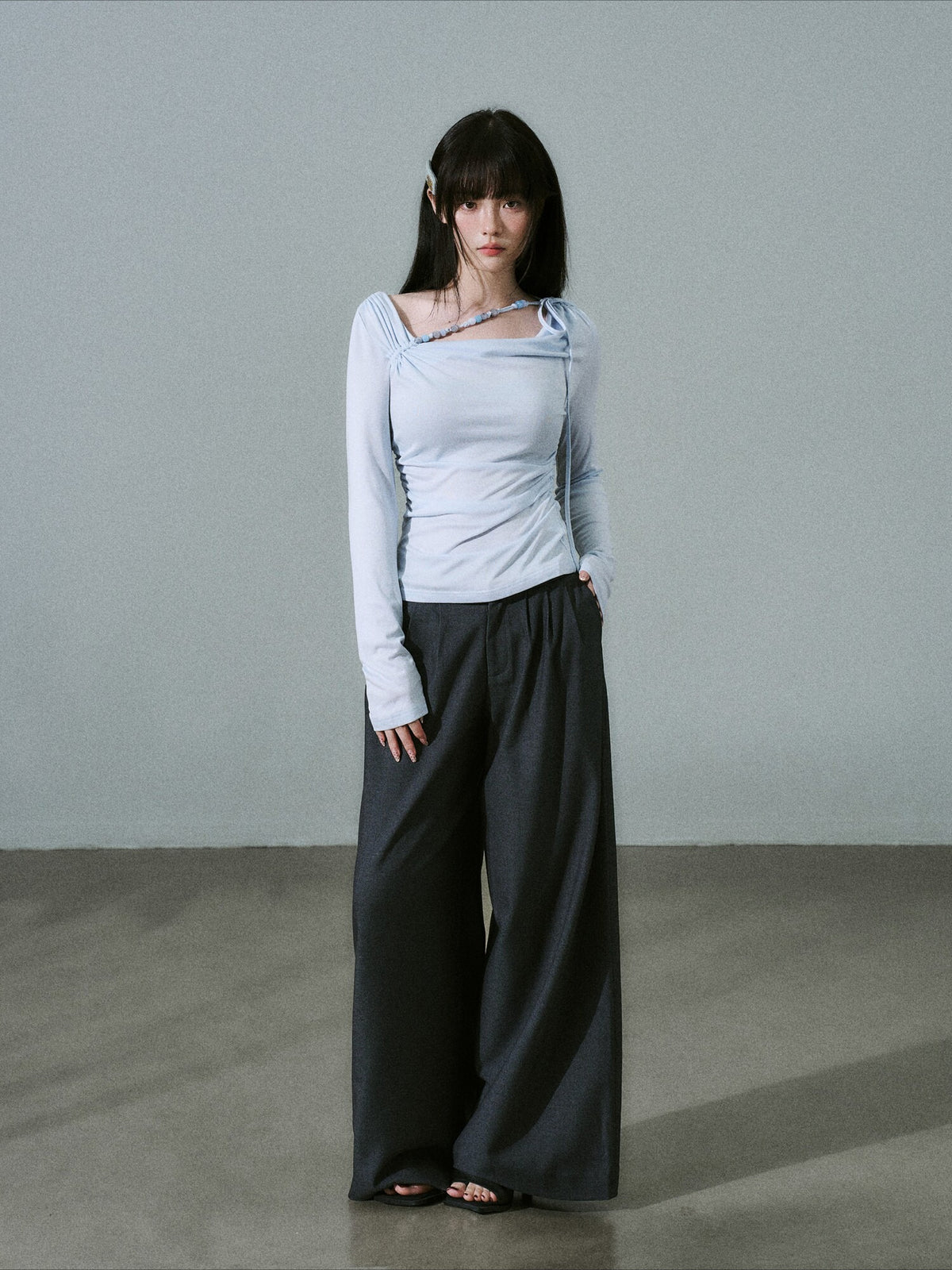 LOST FOREST - Sky Blue Lyocell Cowl-Neck Long Sleeve Top with Handmade Beading