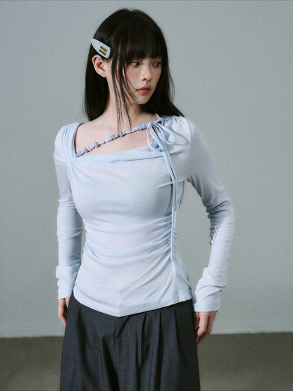 LOST FOREST - Sky Blue Lyocell Cowl-Neck Long Sleeve Top with Handmade Beading