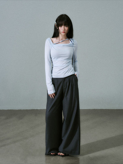 LOST FOREST - Sky Blue Lyocell Cowl-Neck Long Sleeve Top with Handmade Beading