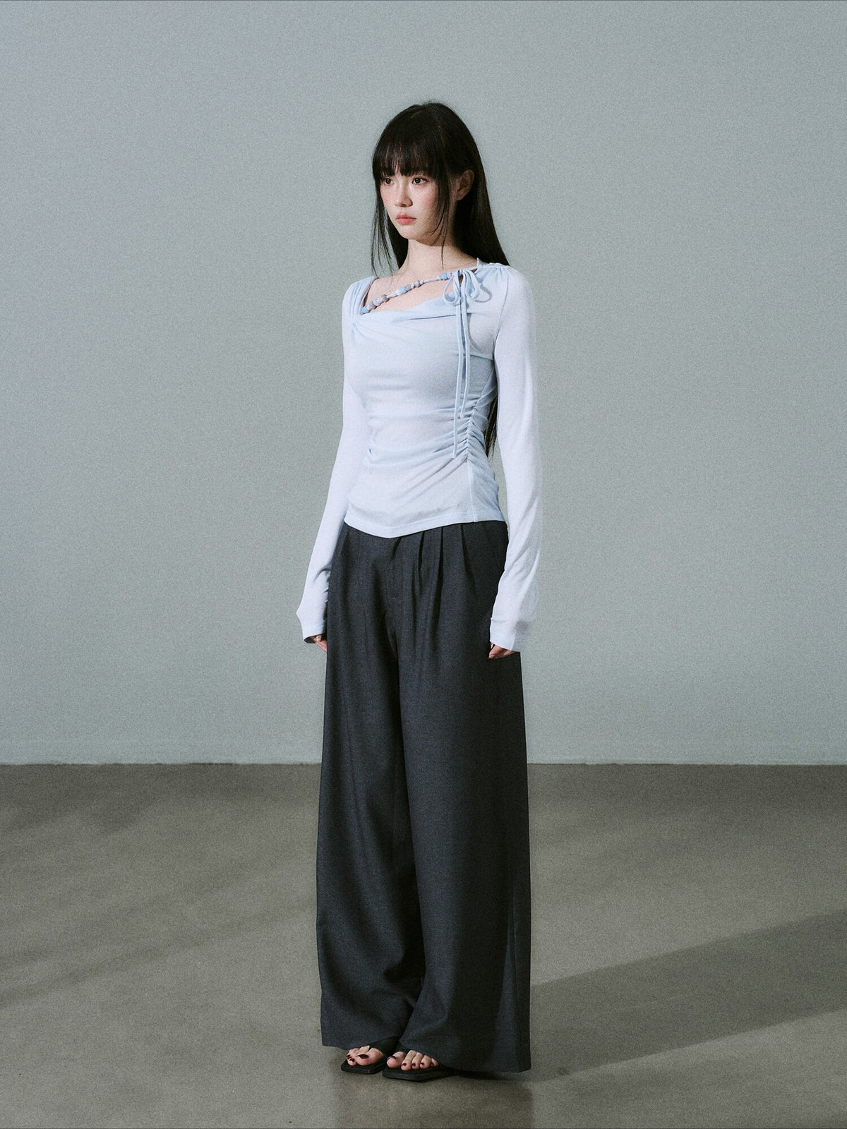 LOST FOREST - Sky Blue Lyocell Cowl-Neck Long Sleeve Top with Handmade Beading