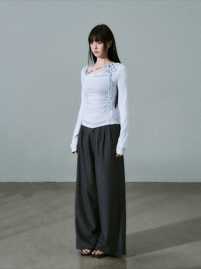 LOST FOREST - Sky Blue Lyocell Cowl-Neck Long Sleeve Top with Handmade Beading