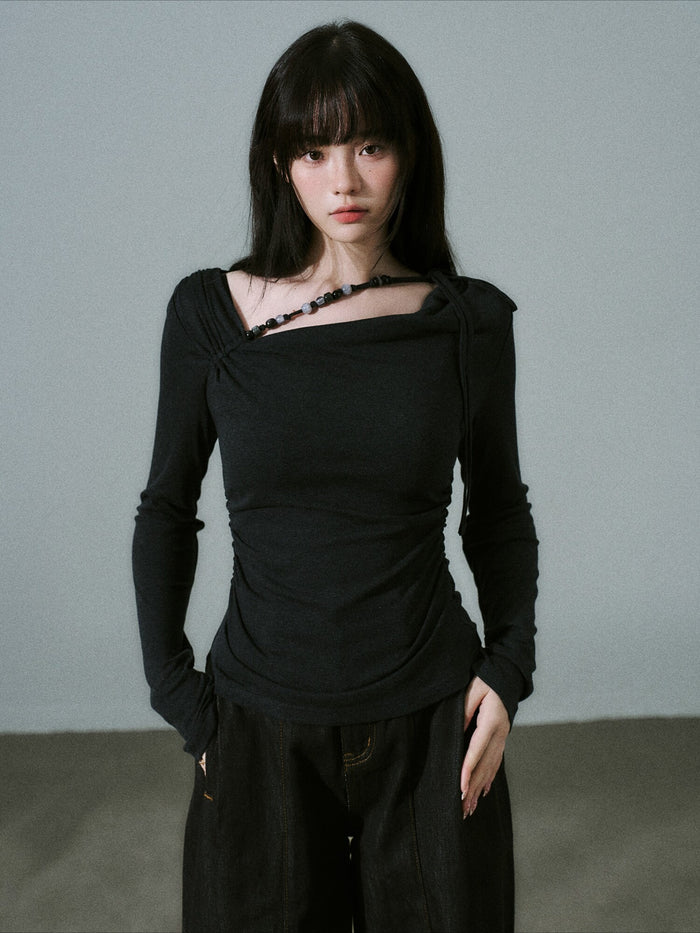 LOST FOREST - Deep Charcoal Gray Lyocell-Wool Cowl-Neck Top with Handmade Beading