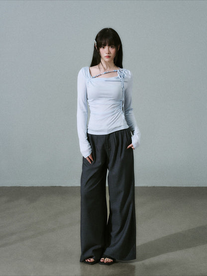 LOST FOREST - Sky Blue Lyocell Cowl-Neck Long Sleeve Top with Handmade Beading