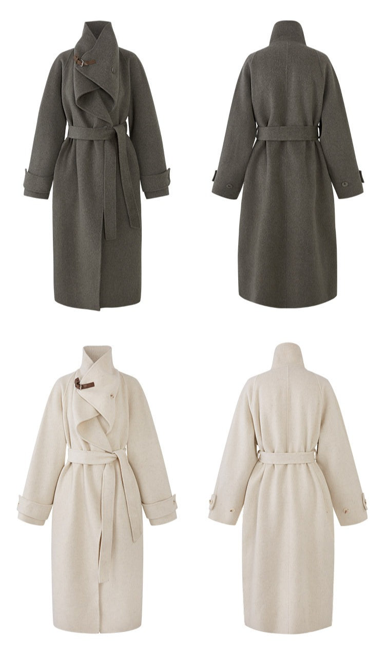 QuQuOuYang - 100% Wool Double-Face Belted Coat with Convertible Collar