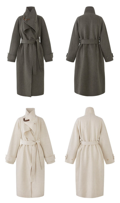 QuQuOuYang - 100% Wool Double-Face Belted Coat with Convertible Collar