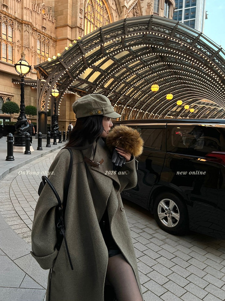 QuQuOuYang - 100% Wool Double-Face Belted Coat with Convertible Collar