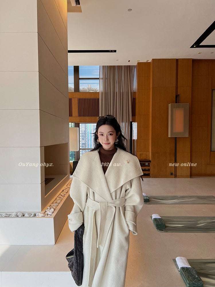QuQuOuYang - 100% Wool Double-Face Belted Coat with Convertible Collar