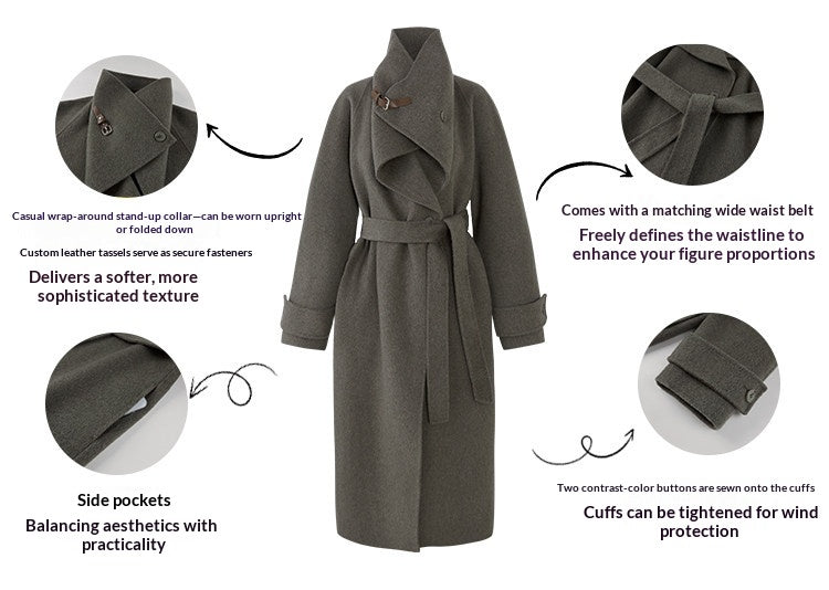 QuQuOuYang - 100% Wool Double-Face Belted Coat with Convertible Collar