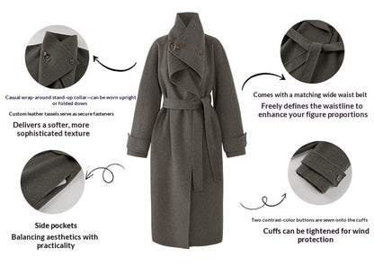 QuQuOuYang - 100% Wool Double-Face Belted Coat with Convertible Collar