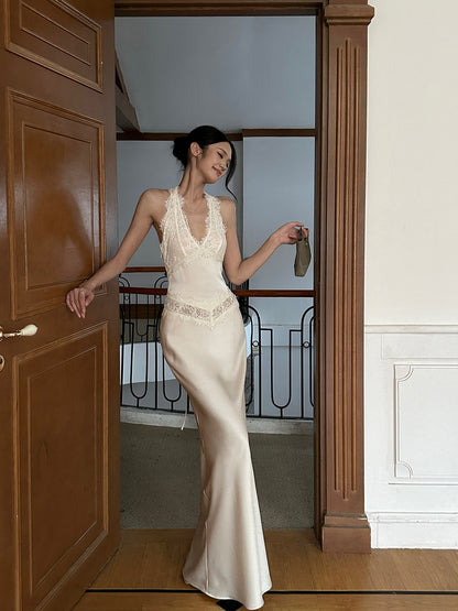 VENUIE - Champagne Satin Lace-Trim Halter Mermaid Maxi Dress