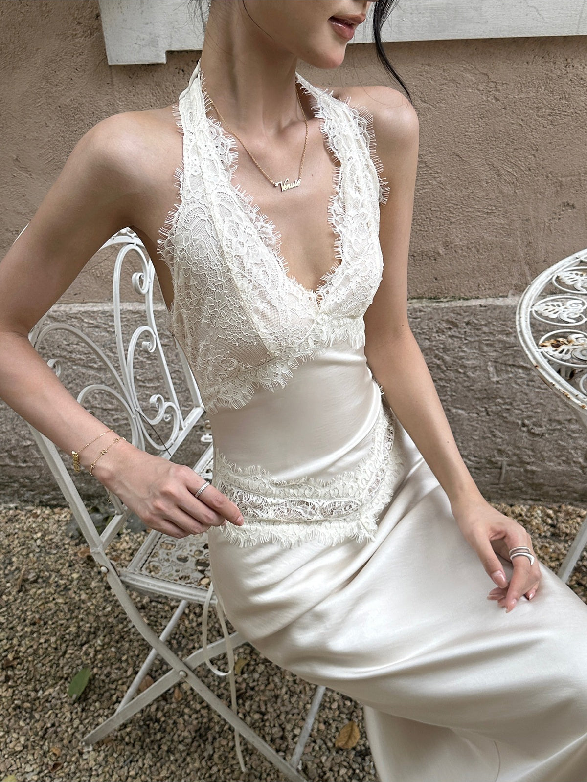 VENUIE - Champagne Satin Lace-Trim Halter Mermaid Maxi Dress