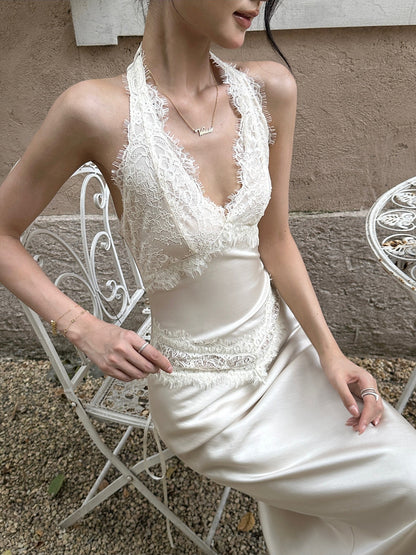 VENUIE - Champagne Satin Lace-Trim Halter Mermaid Maxi Dress
