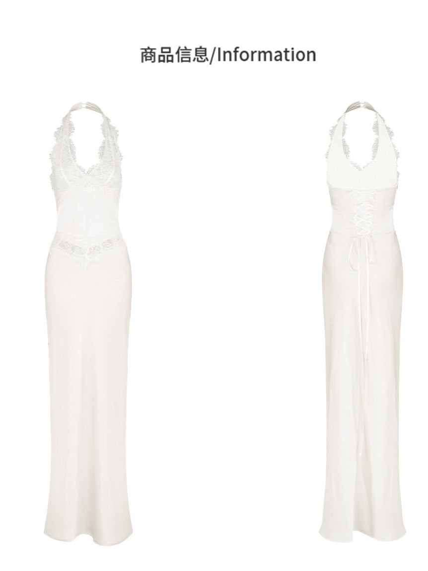 VENUIE - Champagne Satin Lace-Trim Halter Mermaid Maxi Dress