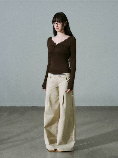 LOST FOREST - Brown Lace-Trim Twist Lyocell-Wool V-Neck Long Sleeve Top