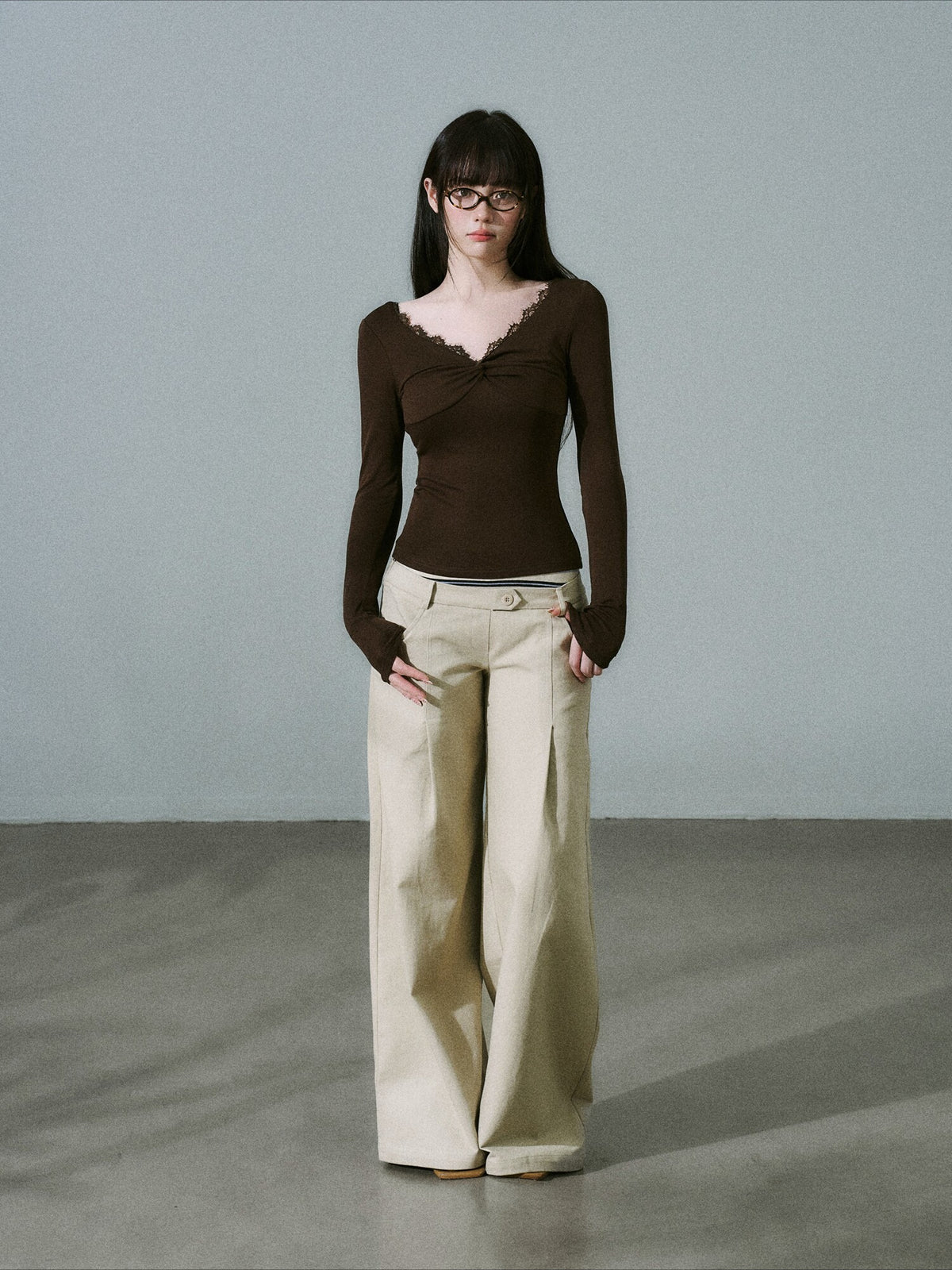 LOST FOREST - Brown Lace-Trim Twist Lyocell-Wool V-Neck Long Sleeve Top