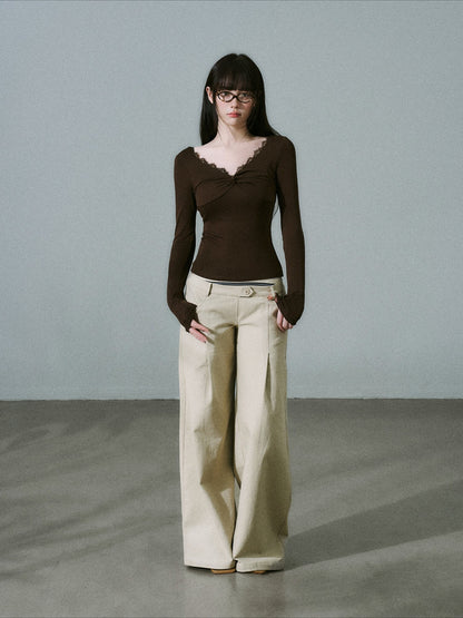 LOST FOREST - Brown Lace-Trim Twist Lyocell-Wool V-Neck Long Sleeve Top