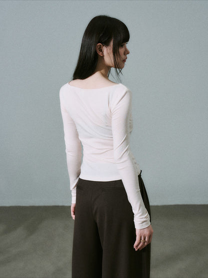 LOST FOREST - Light Pink Lace-Trim Twist Lyocell-Wool V-Neck Long Sleeve Top
