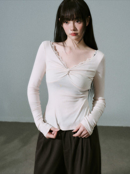 LOST FOREST - Light Pink Lace-Trim Twist Lyocell-Wool V-Neck Long Sleeve Top