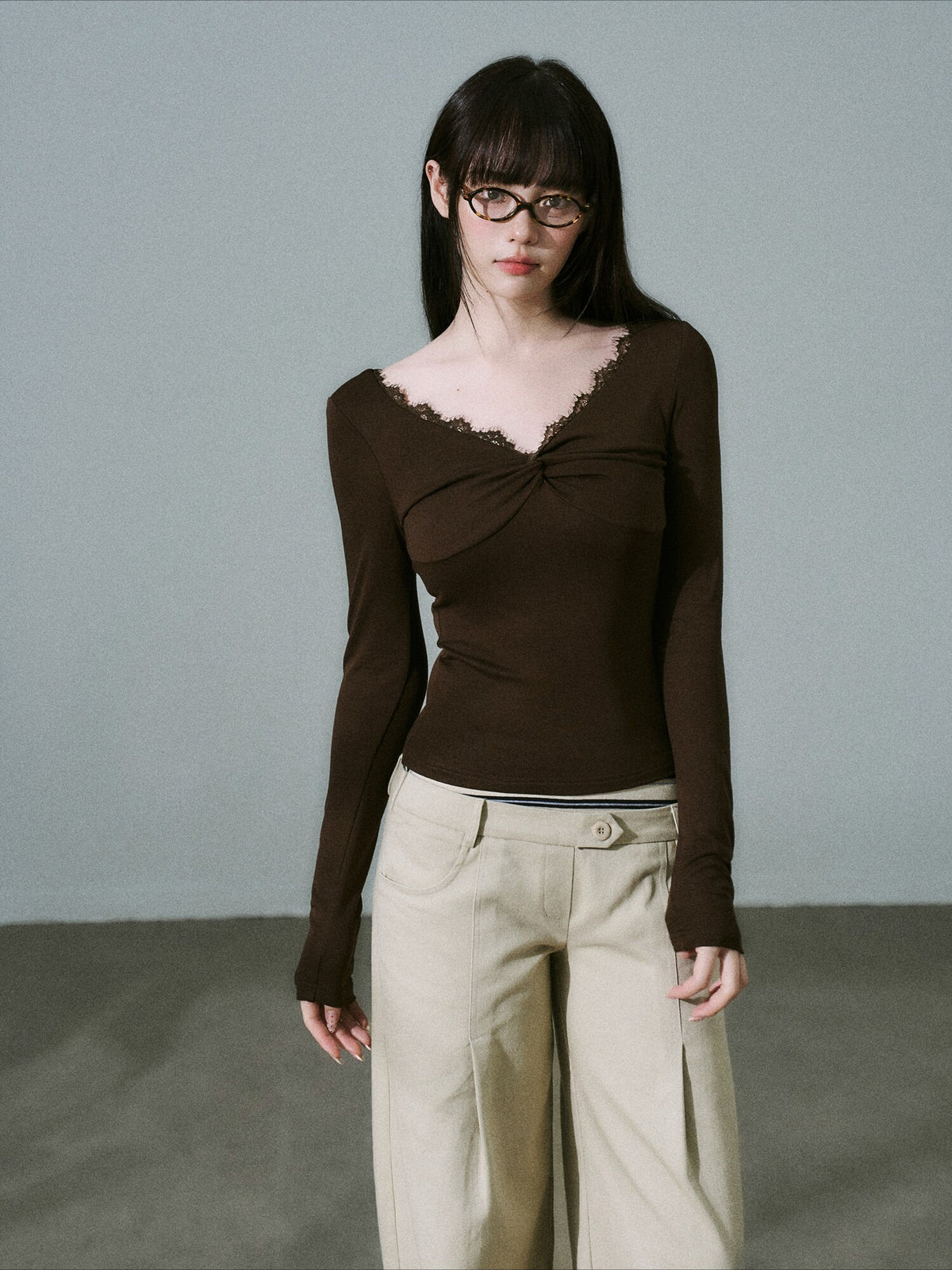 LOST FOREST - Brown Lace-Trim Twist Lyocell-Wool V-Neck Long Sleeve Top