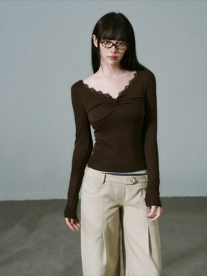LOST FOREST - Brown Lace-Trim Twist Lyocell-Wool V-Neck Long Sleeve Top