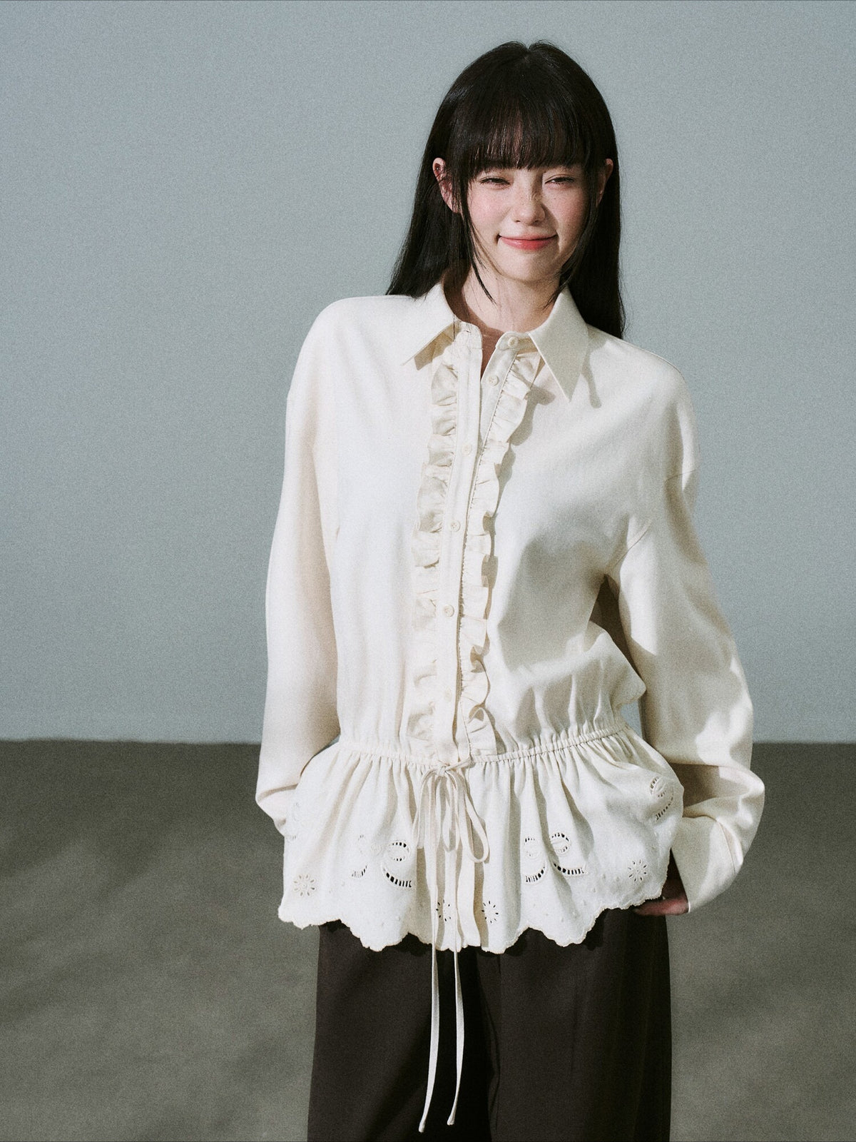 LOST FOREST - Natural Lyocell Cotton Laser-Embroidered Ruffle Shirt