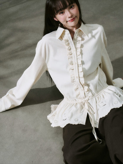 LOST FOREST - Natural Lyocell Cotton Laser-Embroidered Ruffle Shirt