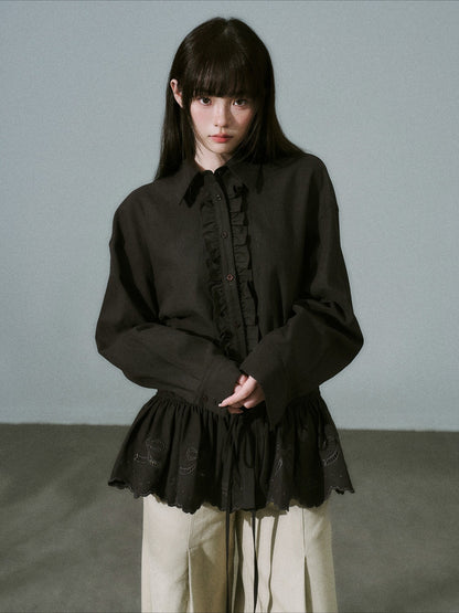 LOST FOREST - Dark Brown Lyocell Cotton Laser-Embroidered Ruffle Shirt