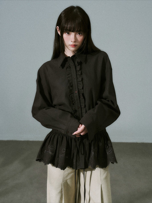 LOST FOREST - Dark Brown Lyocell Cotton Laser-Embroidered Ruffle Shirt