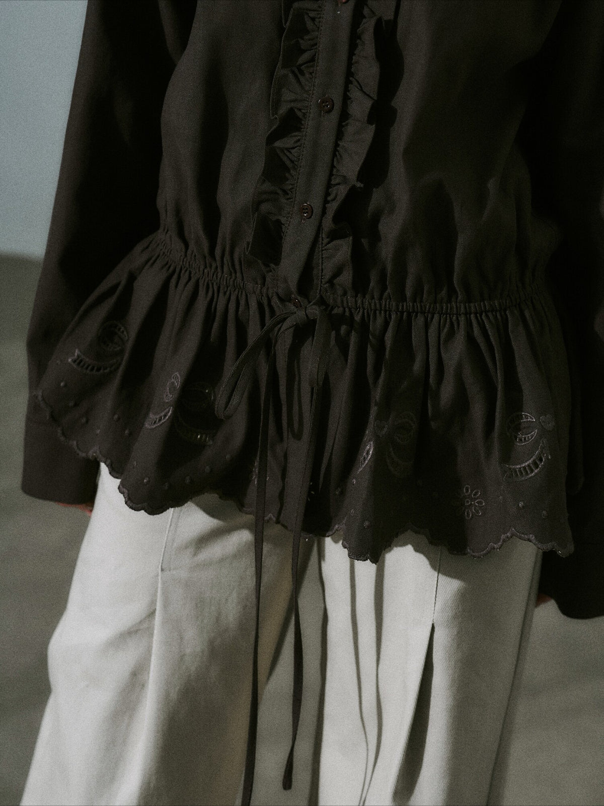 LOST FOREST - Dark Brown Lyocell Cotton Laser-Embroidered Ruffle Shirt