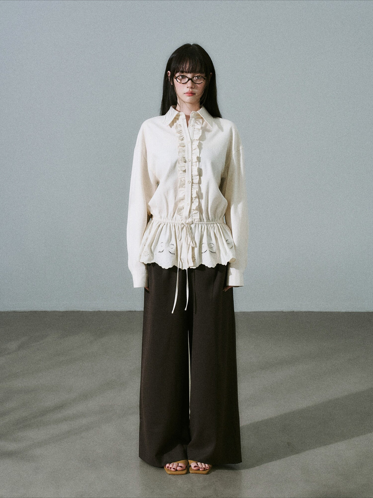 LOST FOREST - Natural Lyocell Cotton Laser-Embroidered Ruffle Shirt