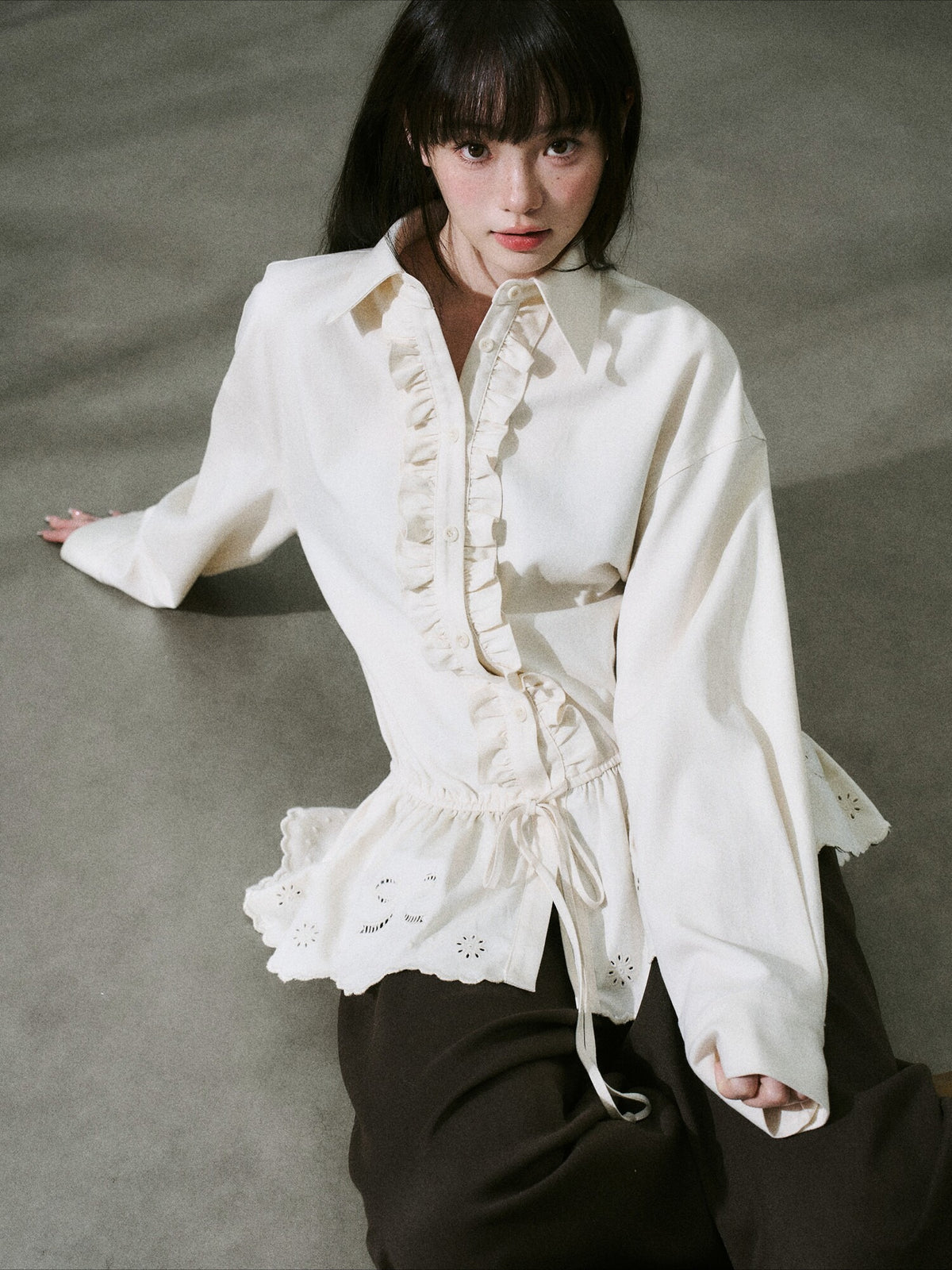 LOST FOREST - Natural Lyocell Cotton Laser-Embroidered Ruffle Shirt