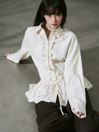 LOST FOREST - Natural Lyocell Cotton Laser-Embroidered Ruffle Shirt