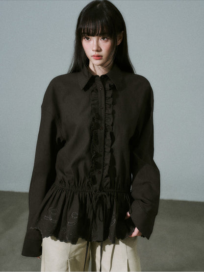 LOST FOREST - Dark Brown Lyocell Cotton Laser-Embroidered Ruffle Shirt