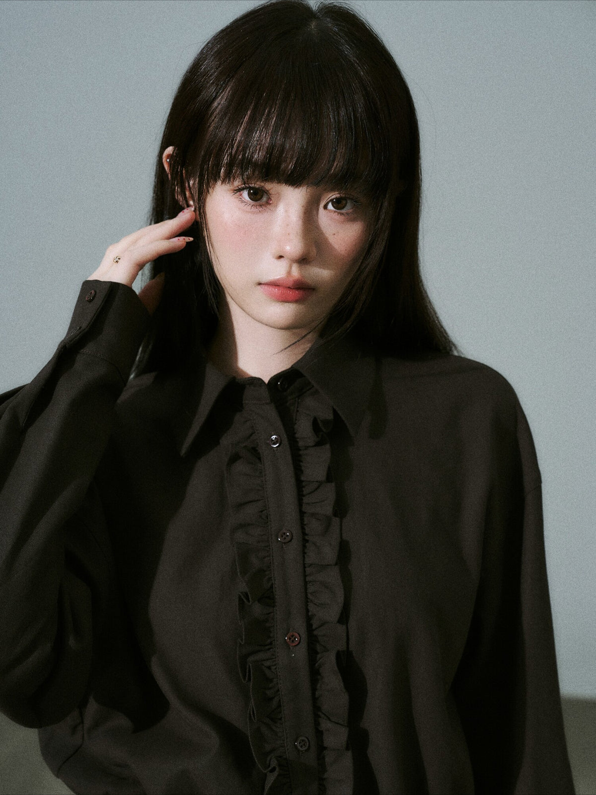 LOST FOREST - Dark Brown Lyocell Cotton Laser-Embroidered Ruffle Shirt