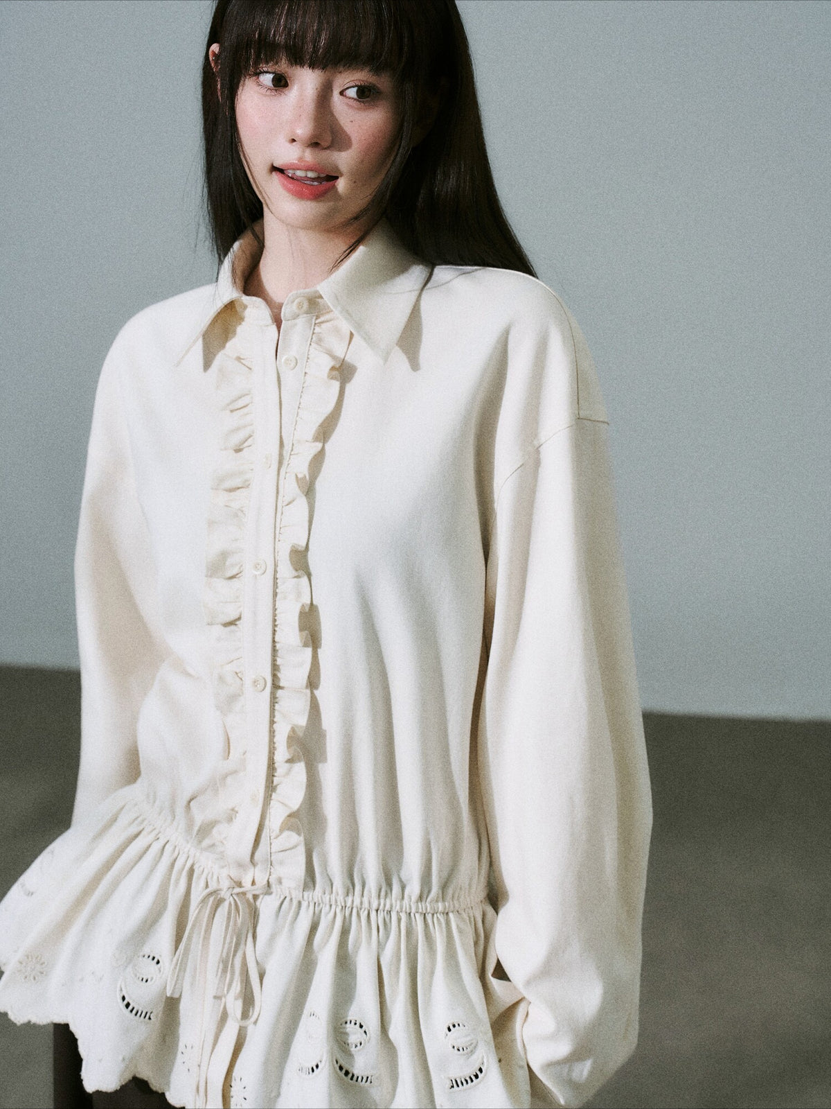 LOST FOREST - Natural Lyocell Cotton Laser-Embroidered Ruffle Shirt