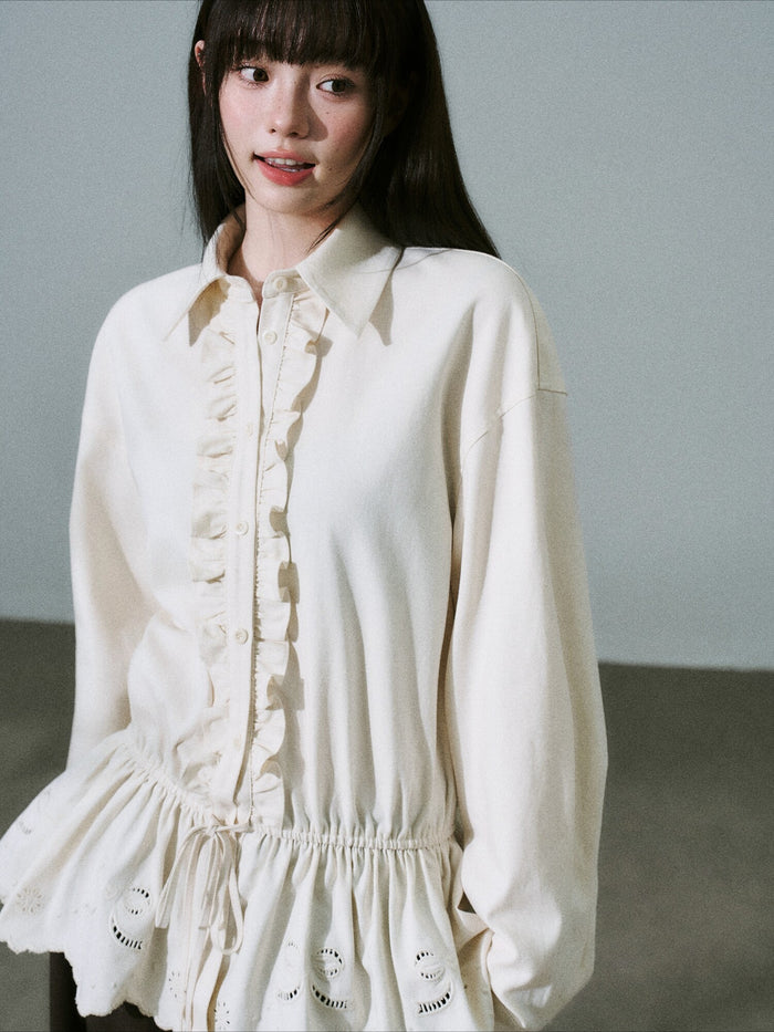 LOST FOREST - Natural Lyocell Cotton Laser-Embroidered Ruffle Shirt