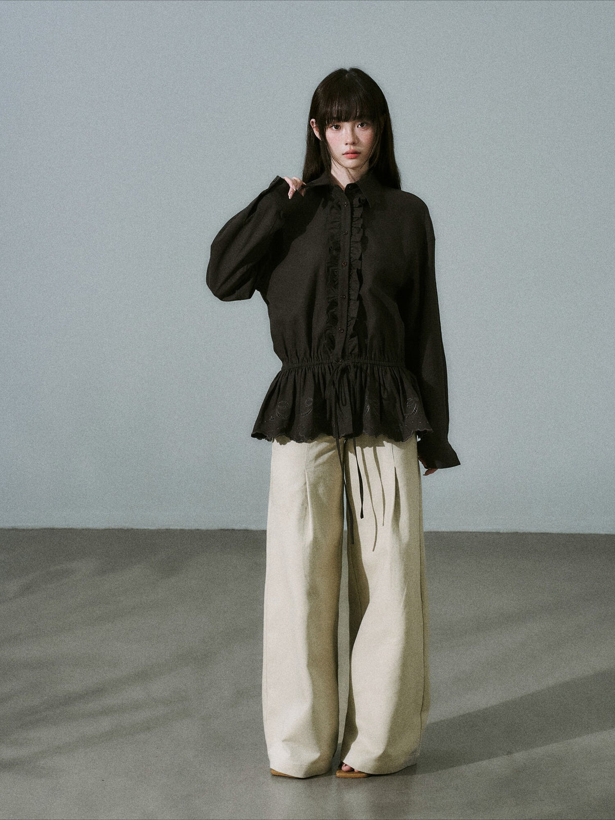 LOST FOREST - Dark Brown Lyocell Cotton Laser-Embroidered Ruffle Shirt