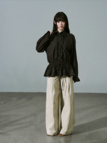 LOST FOREST - Dark Brown Lyocell Cotton Laser-Embroidered Ruffle Shirt