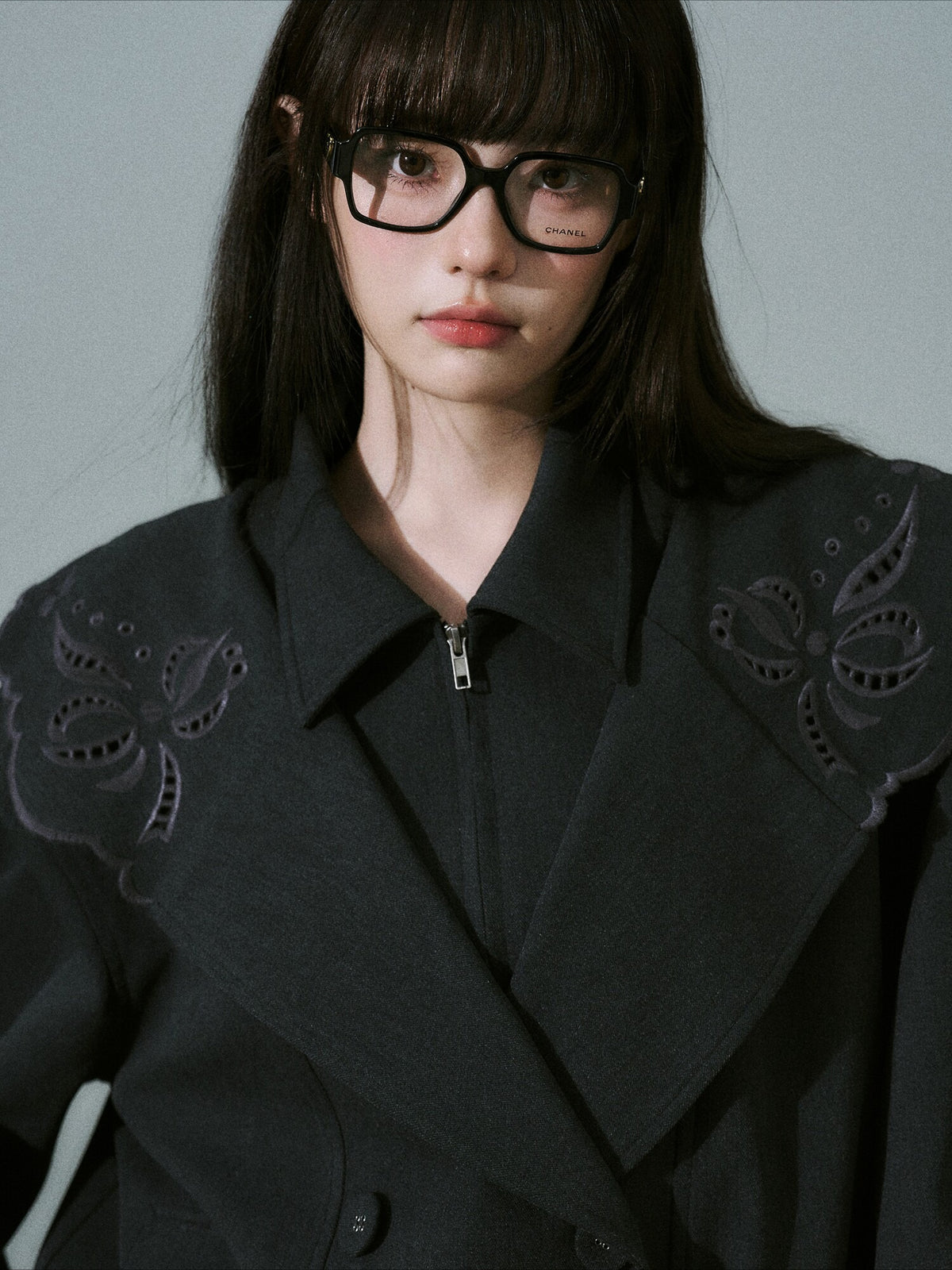 LOST FOREST - Deep Gray Embroidered Collar Lyocell-Wool Jacket